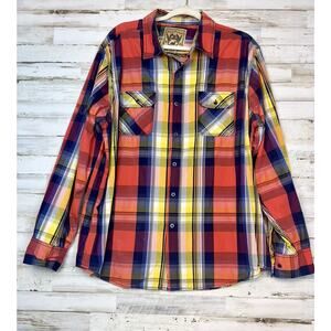 Red Camel XXL Mens Button Up Shirt 100% Cotton Orange Yellow Blue Plaid